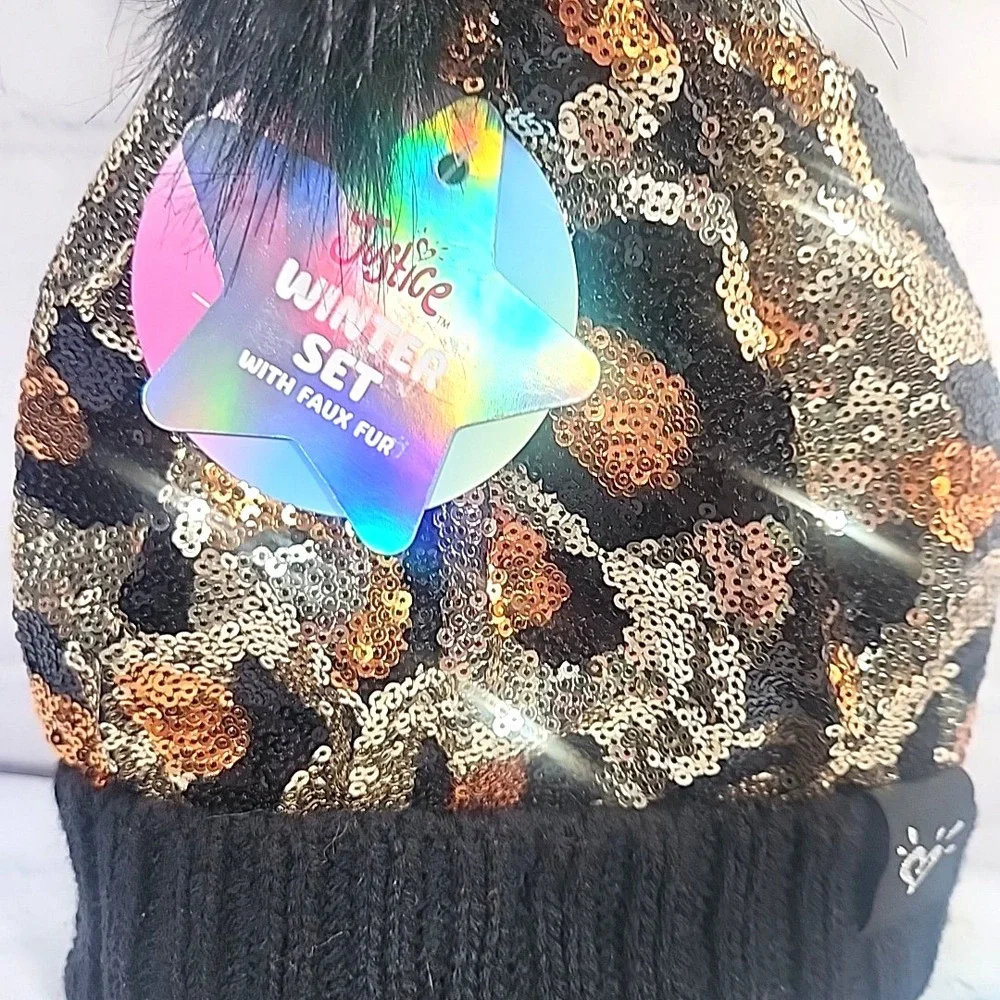 Justice Girls Cheetah BLK Sequin Ribbed Beanie w/faux fur & Gloves 2-Piece Set